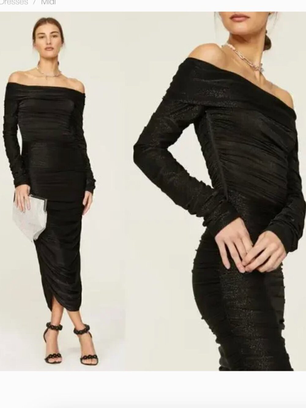 Bronx & Banco Amara Dress Off Shoulder Long Sleeve Ruched Bodycon Midi Black L